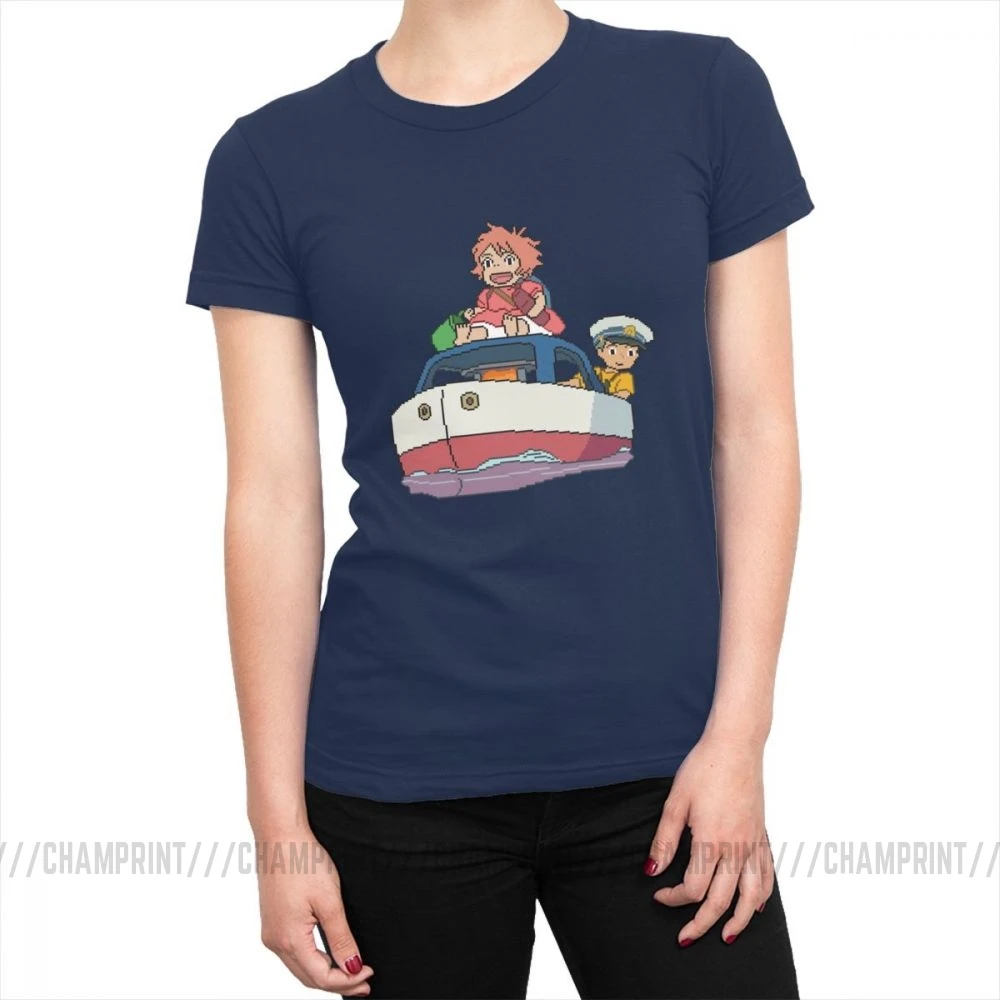 Women's 8bit Japan Anime Tshirt Ponyo On The Cliff T-shirt Harajuku Cotton Tops Tees Korean Style Female Clothing - Цвет: Тёмно-синий