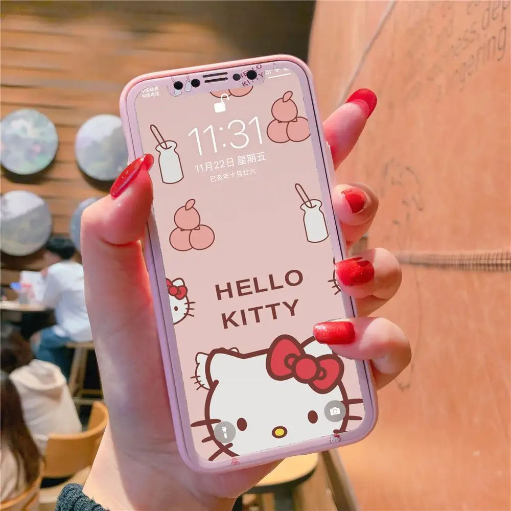 Hello kitty из закаленного стекла Двухсекционный чехол для телефона для iphone 11 Pro Max 6 6splus 7 8 plus X XR XS MAX прекрасная закаленная пленка