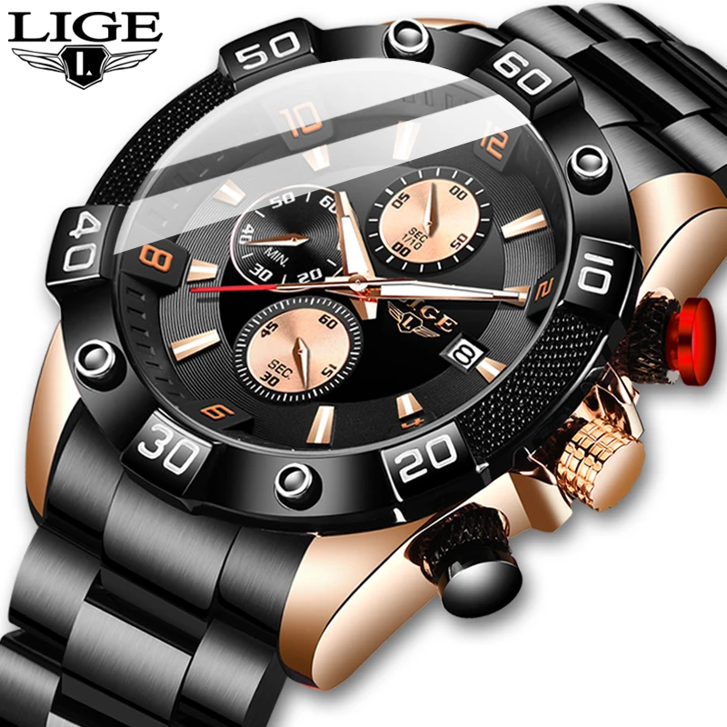 LIGE Mens Watches Stainless Steel Waterproof Wrish Watch Multi Function Gold Luxury Sport Montre Homme Luxe +Bo | Наручные часы