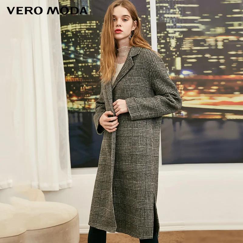 Vero Moda осень зима шерсть плед длинное пальто воротник с отворотами куртка | 318327526