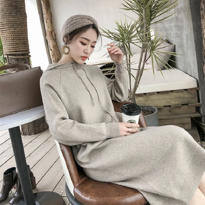 Women's autumn and winter knitted dress, long section, long sleeve hooded sweater, lazy wind, loose sweater dress, solid color