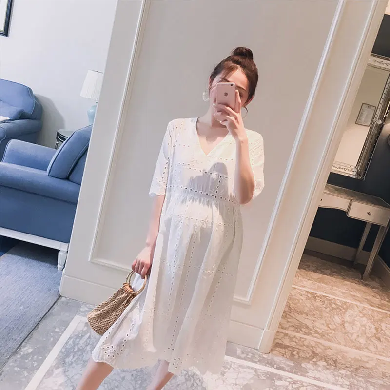 

Free size Women Maternity Dresses Summer Pregnant Dresses Maternity Clothes Embroidery Lace Maternity Dress Pregnancy Clothes