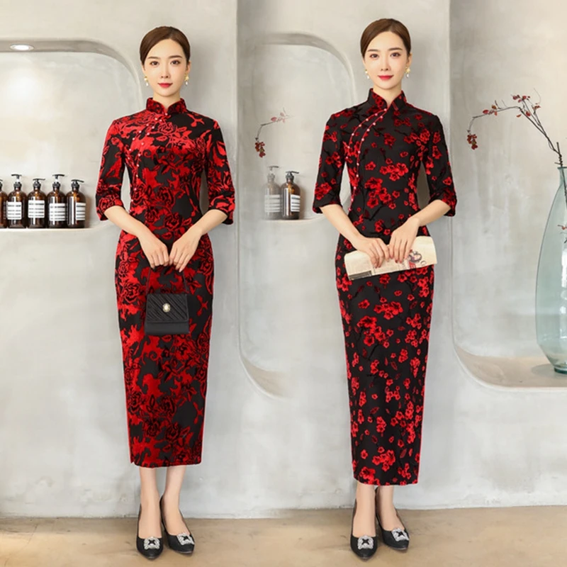 Китайский стиль, свадебное кружевное платье для мамы, осень и зима, Cheongsam, Ретро стиль, элегантное, длинное, тонкое платье, с высокой открытой пяткой, костюмы XL
