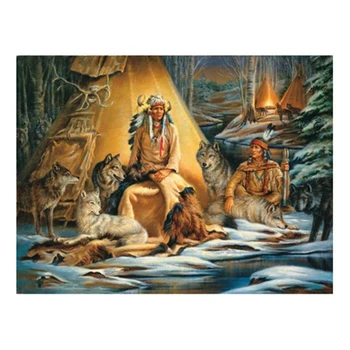 

DIY Diamond Painting Cross Stitch Forest Needlework Indians with Wolf Group Full Square Drill Diamond Embroidery
