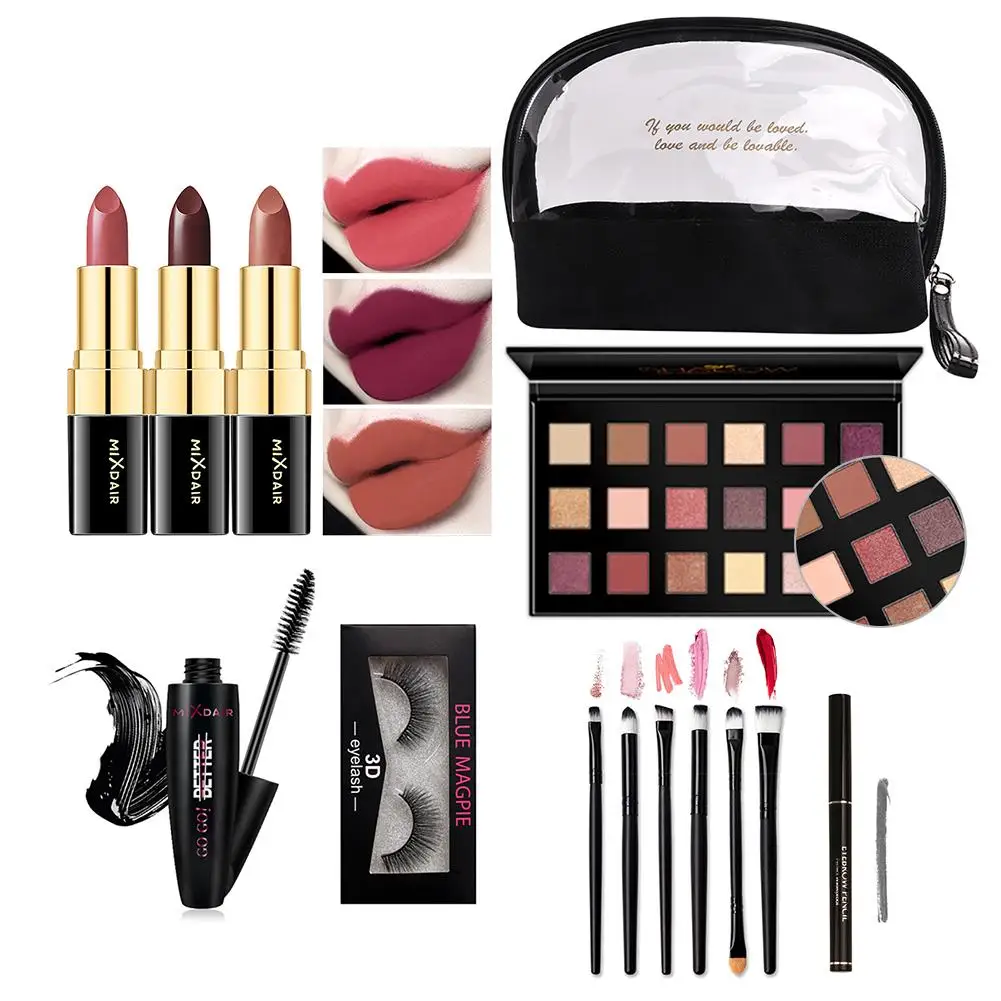 

Lipstick Eye Shadow Mascara Makeup Brush 3D False Eyelashes Eyebrow Pencil Set Full Beauty Makeup Set with Cosmetic Bag
