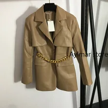 Marca de luxo 2021 outono e inverno nova moda ferragem cinto de corrente de fechamento da cintura casaco feminino terno de couro do plutônio casaco blazer