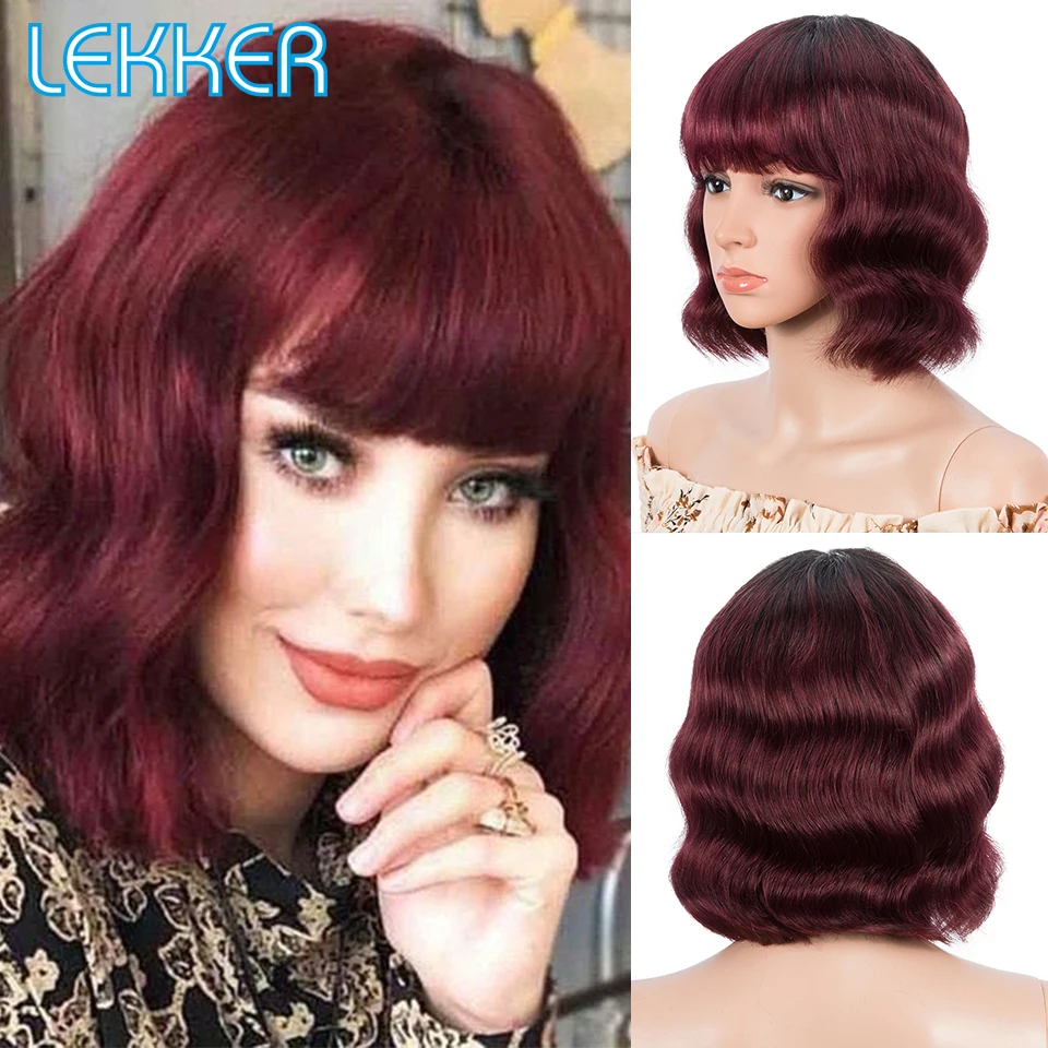 Lekker Short Deep Wave Bob Human Hair Wig With Bangs For Women Colored Brazilian Remy Natural Wavy Ombre Blonde Burgundy Red Wig