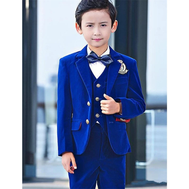 2022 Royal Blue Velvet Kids Children Attire Wedding Blazer Formal Wear Suit Boy Birthday Party Business Suit Three Piece Jacket men's blazers