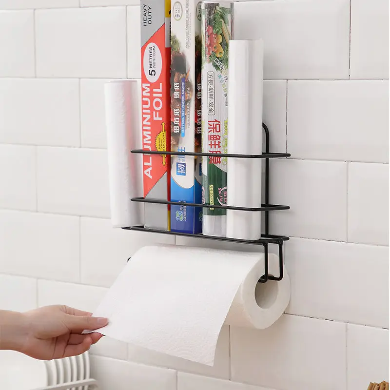 Wall Mounted Iron Paper Towel Rack Cling Film Storage Holder Kitchen Organizer Refrigerator Side Wall Shelf