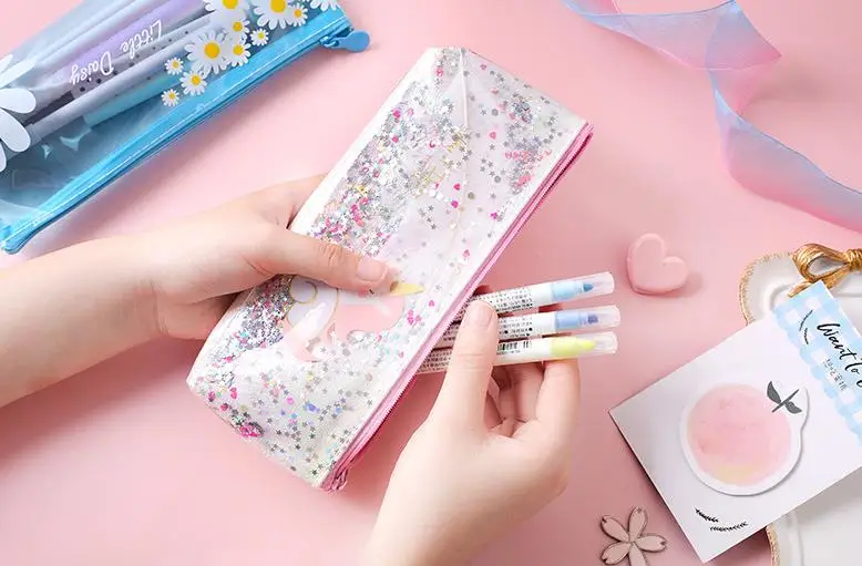 1 шт. Kawaii Радуга Единорог цветы Пенал Блестящие Блестки ПУ пенал школьные пеналы коробка сумка подарок канцелярские принадлежности