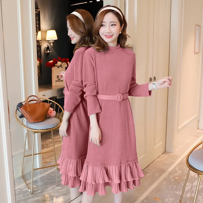 

Maternity Clothes 2019 Korean-style Elegant Knit Base Pleated Flounced Dress