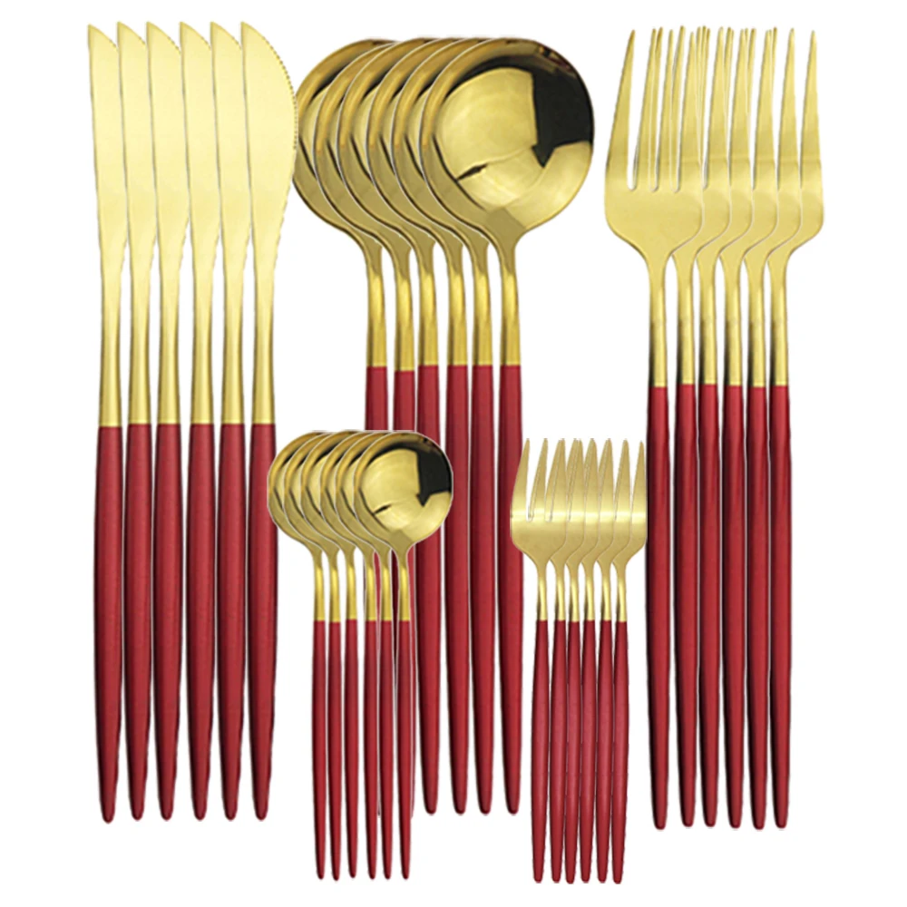 JANKNG 30Pcs Red Gold Cutlery Set Tableware Dinnerware Fruit Cake Fork Stainless Steel Flatware Dessert Kitchen | Дом и сад