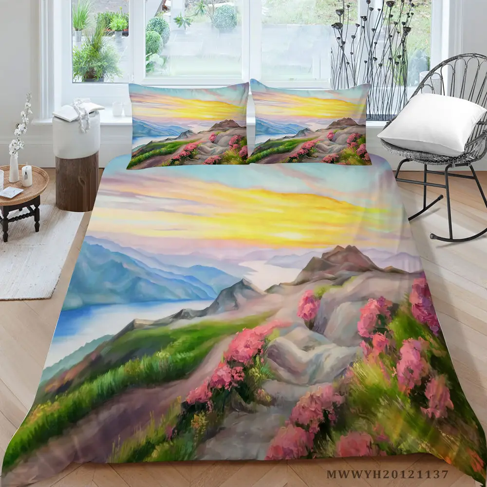 Mountains Print Bedding Set For Girls Artistric Floral Duvet Cover Set King  Queen Twin Full Single Double Bed Set Nature