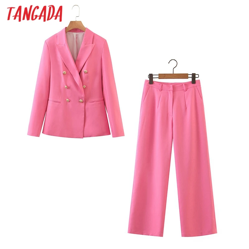 Tangada women autumn hotpink blazer suit 2 piece set female elegant jacket ladies business blazer Pants Sets SL551 Tangada women autumn hotpink blazer suit 2 piece set female elegant jacket ladies business blazer Pants Sets SL551