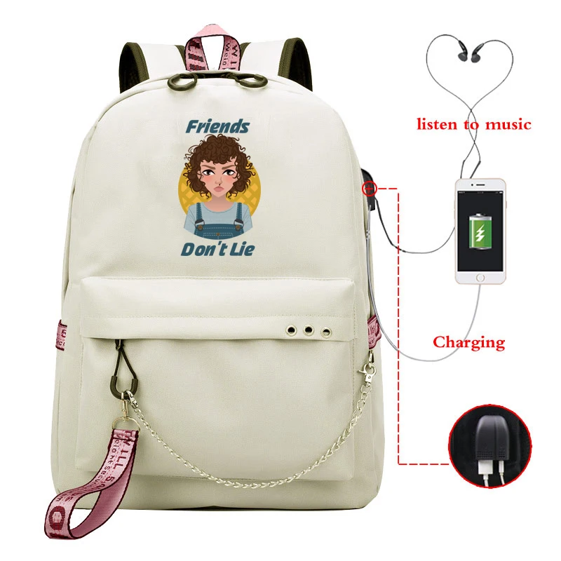 

Eleven Stranger Things Girls Harajuku Backpacks Bag Friends Don't Lie USB Charging Laptop Bagpack School Bags for Teenage Girls
