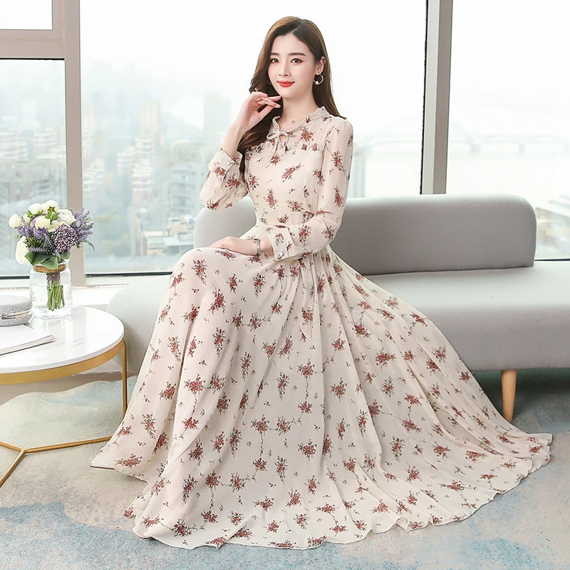 Coreano Chiffon Delle Donne Del Vestito Elegante Delle Donne di Stampa  Abiti da Donna a Vita Alta Vestito Lungo Più Il Formato Donna Floreale  Vestiti Del Manicotto Della Lanterna|Dresses| - AliExpress