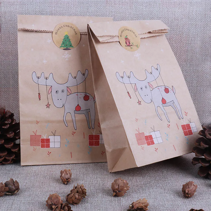 12 шт. Рождественский подарок на бумаге коробка сумки с упаковочные наклейки Рождество Navidad лиса олень конфеты мешок упаковка сумка для печенья натальные принадлежности