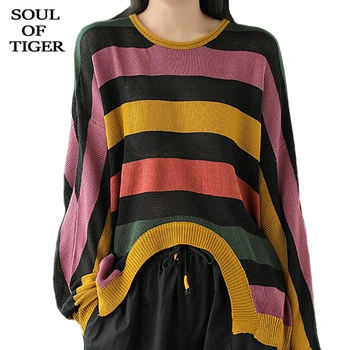 

SOUL OF TIGER Autumn Fashion Brand Clothes Ladies Punk Knitted Pullovers Loose Sweaters Womens Casual Jumpers Striped Knitwear