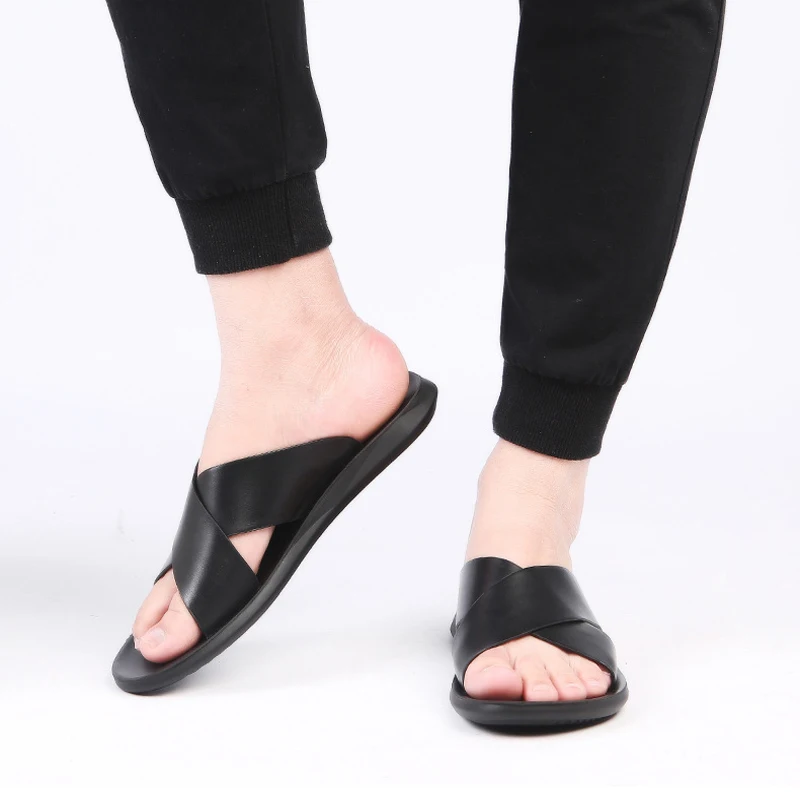 Najtaniej Merkmak 2020 letnie sandały męskie skórzane klasyczne rzymskie pantofle z odkrytymi palcami Outdoor Beach gumowe letnie buty Flip Flop Water sandał