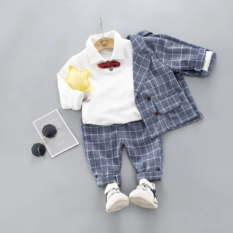 HYLKIDHUOSE/комплекты одежды для маленьких мальчиков комплекты одежды для малышей г. Осенняя клетчатая куртка футболка и штаны Детский Повседневный костюм