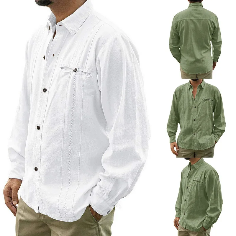 Простая летняя льняная винтажная Мужская рубашка Camisa Masculina, Повседневная рубашка с длинным рукавом, Мужская Уличная приталенная рубашка, одежда