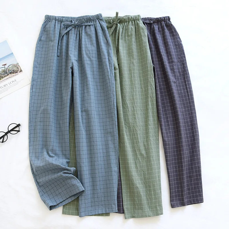 couple Washed Cotton Trousers Thin Men And Women Home Pants Elastic Waist Sleep Bottoms Plaid Lounge Pants Home Sleepwear 2021_ecoleips.com