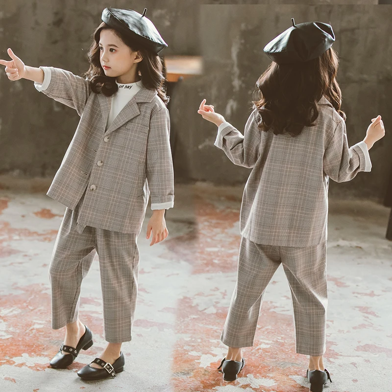 

Loose Girls Suits Fashion Plaid Jackets + Trousers 2 Pieces Baby Girls Clothes School Uniform England Style Kids Sets Outfits