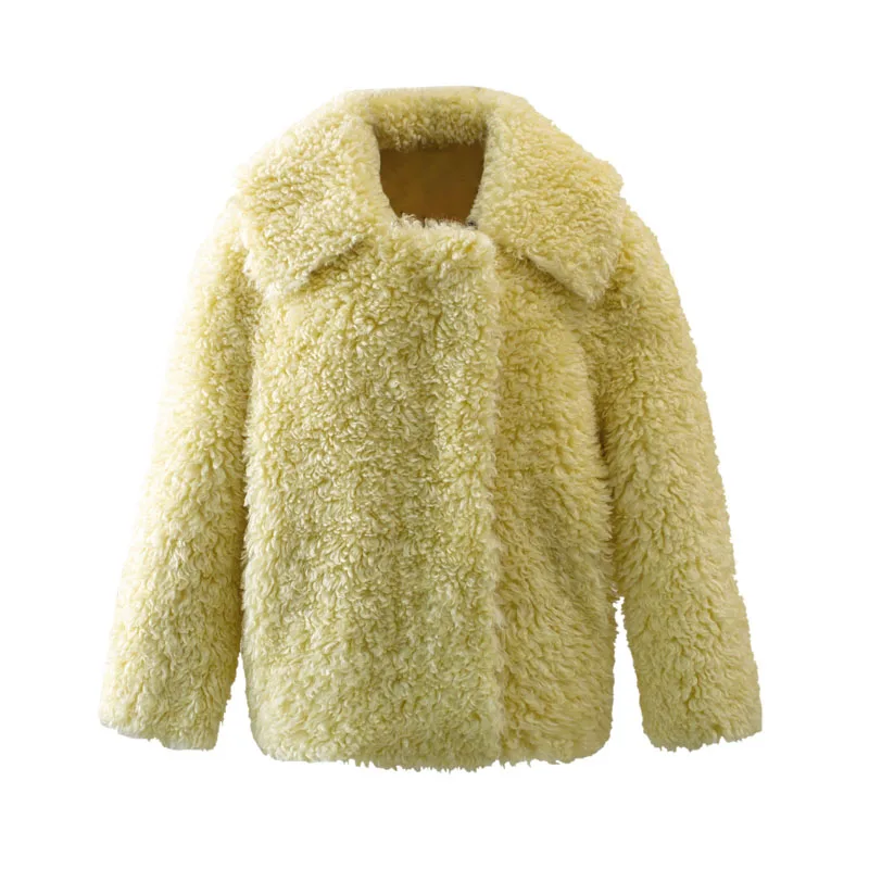 yellow faux fur coat Ins style, Женское зимнее пальто из искусственной овечьей шерсти, корейские милые куртки для девочек, короткая верхняя одежда с отложным воротником, пальто - Цвет: yellow faux fur coat