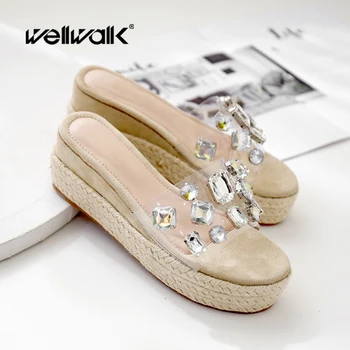 

Rhinestone Wedge Slippers Women Heel Hemp Shoes Female Casual Sexy Sandals Crystal Decoration Ladies Slip On Espadrilles 2020