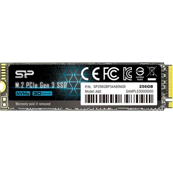 

SSD Silicon Power A60 SP256GBP34A60M28 SSD, M.2, 256GB, PCI-E x4, Read: 2200 Mb / s, Write: 1600 Mb / s, TLC 3D NAND, NVMe, ECC