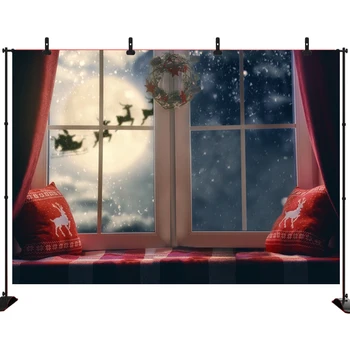 

Winter Christmas Window Backdrop Photography Merry Night Santa Sleigh Background Snowflake Portrait Photobooth Photo Studio