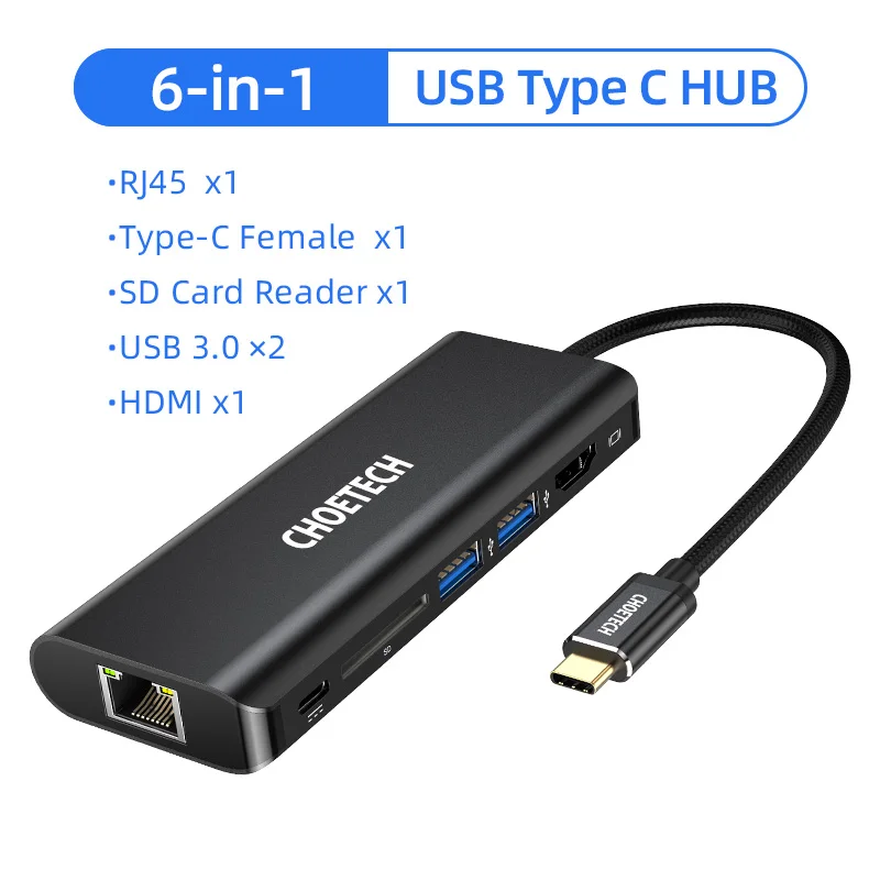 CHOETECH usb-хаб C концентратор для нескольких USB 3,0 HDMI RJ45 адаптер SD ридер для MacBook Pro USB-C type C 3,0 разветвитель 2 Por USB C концентратор - Цвет: 6 in 1 USB C Hub
