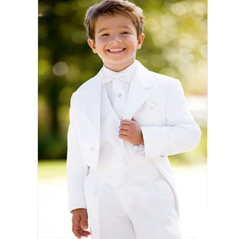 New Fashion White Boys Wedding Tuxedos Formal Tailcoat Suits Customized Three Piece Kids Party Suit (Jacket+Vest+Pants)