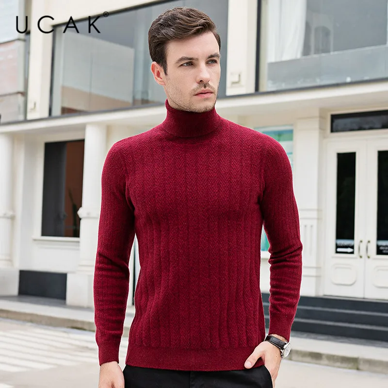 Hot Product UCAK Brand Sweater Male 2019 Thick Warm Turtleneck Pure Merino Wool Casual Striped Pull Homme Cashmere Fashion Sweaters U3095