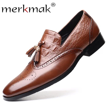 

Merkmak Tassel Male Loafers Shoes Leather Casual Brogue Men Formal Dress Shoes For Man Comfortable Big Size 38-48 Footwear Flat