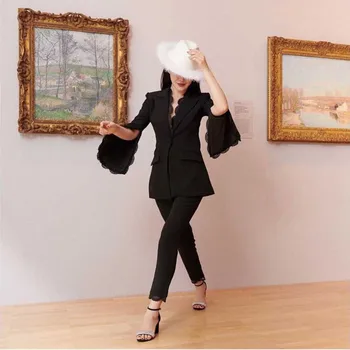 

wholesale 2019 summer New Ladies suits black white long sleeve V-neck top&trousers Sexy Cocktail party two Piece Set Dress