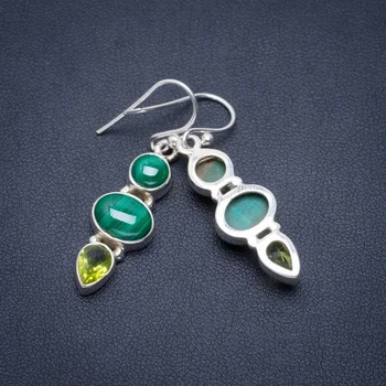 

Natural Malachite and Peridot Handmade Unique 925 Sterling Silver Earrings 1.5" A2429