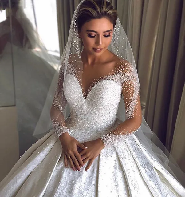 $US $299.00 Luxury Illusion Crystal Beads Satin Wedding Dress 2021 Long Sleeve Lace Plus Size Arabic Dubai Bridal Gowns Vestido De Mariage