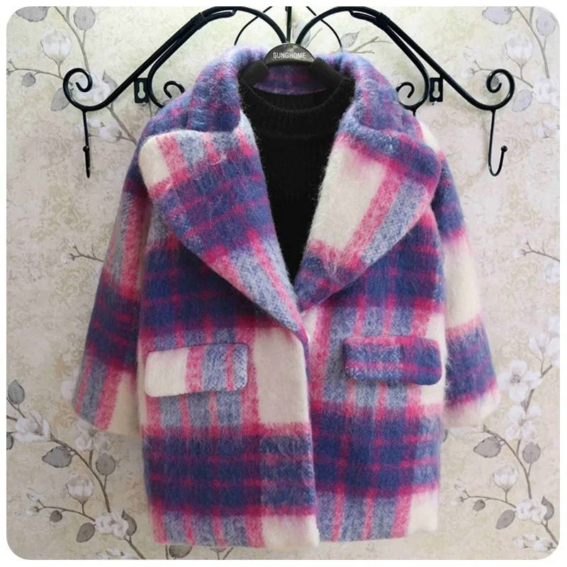 

Girls Middle Long Coat 2018 New Style Fall And Winter Clothes Korean-style Medium-small Children Baby Plaid Thick Woolen Coat