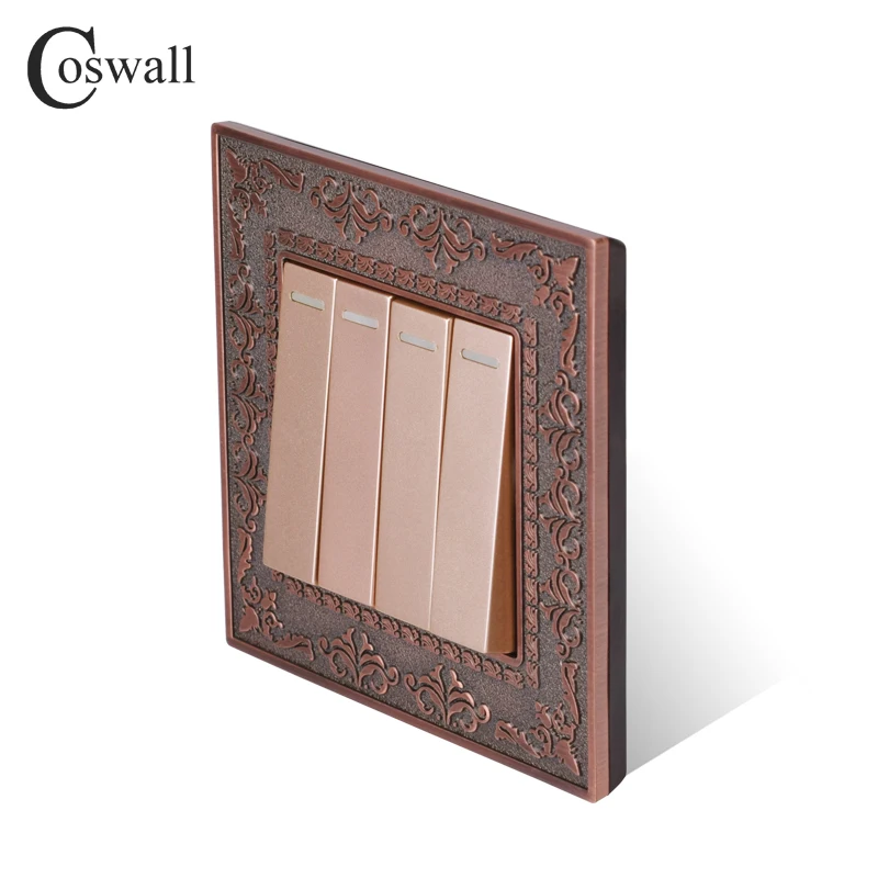 Coswall Zinc Alloy Metal Panel 4 Gang 1 Way Wall Switch 4D Embossing Retro Luxury On / Off Light Switch 16A AC 110~250V