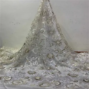 

2020 Latest French Nigerian Laces Fabrics Handmade Beaded Tulle African Lace Fabric For Wedding Dress jh83-50