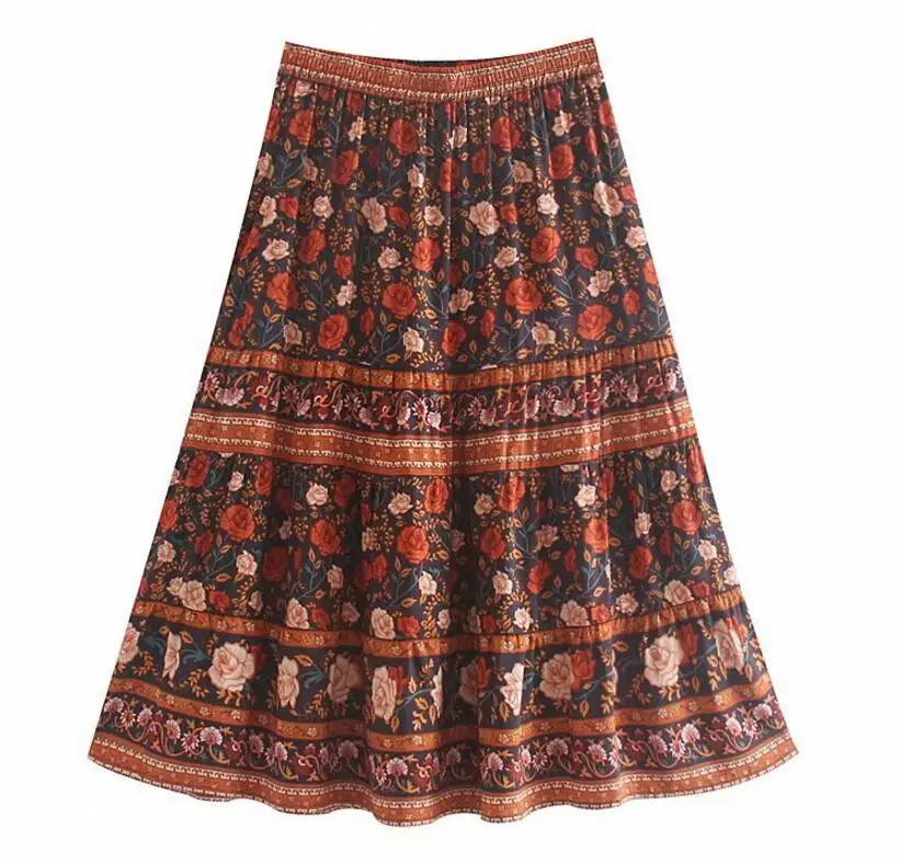 Длинная юбка в богемном стиле с цветочным принтом, сшитая рюшами и рюшами на подоле, женская пляжная юбка со шнуровкой на талии