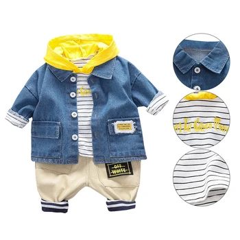 

New Autumn Baby Boy Clothes 0-3T Stitching Design Stripe Pattern Boys Sets Toddler Baby Hoodie Pants Coat 3pcs Children's Sets