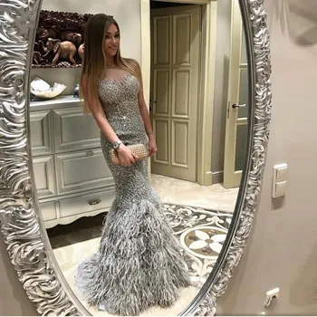 

Evening Dresses 2020 Mermaid For Women Sweetheart With Feather Floor Length Formal Prom Party Nigth Gown Plus Size Elegant