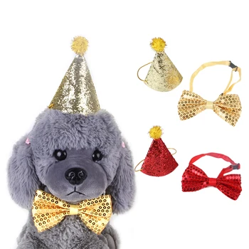 

2Pcs/set Pet Dogs Caps With Bowknot Cat Dog Birthday Costume Sequin Design Headwear Cap Hat Christmas Party Pets Accessories