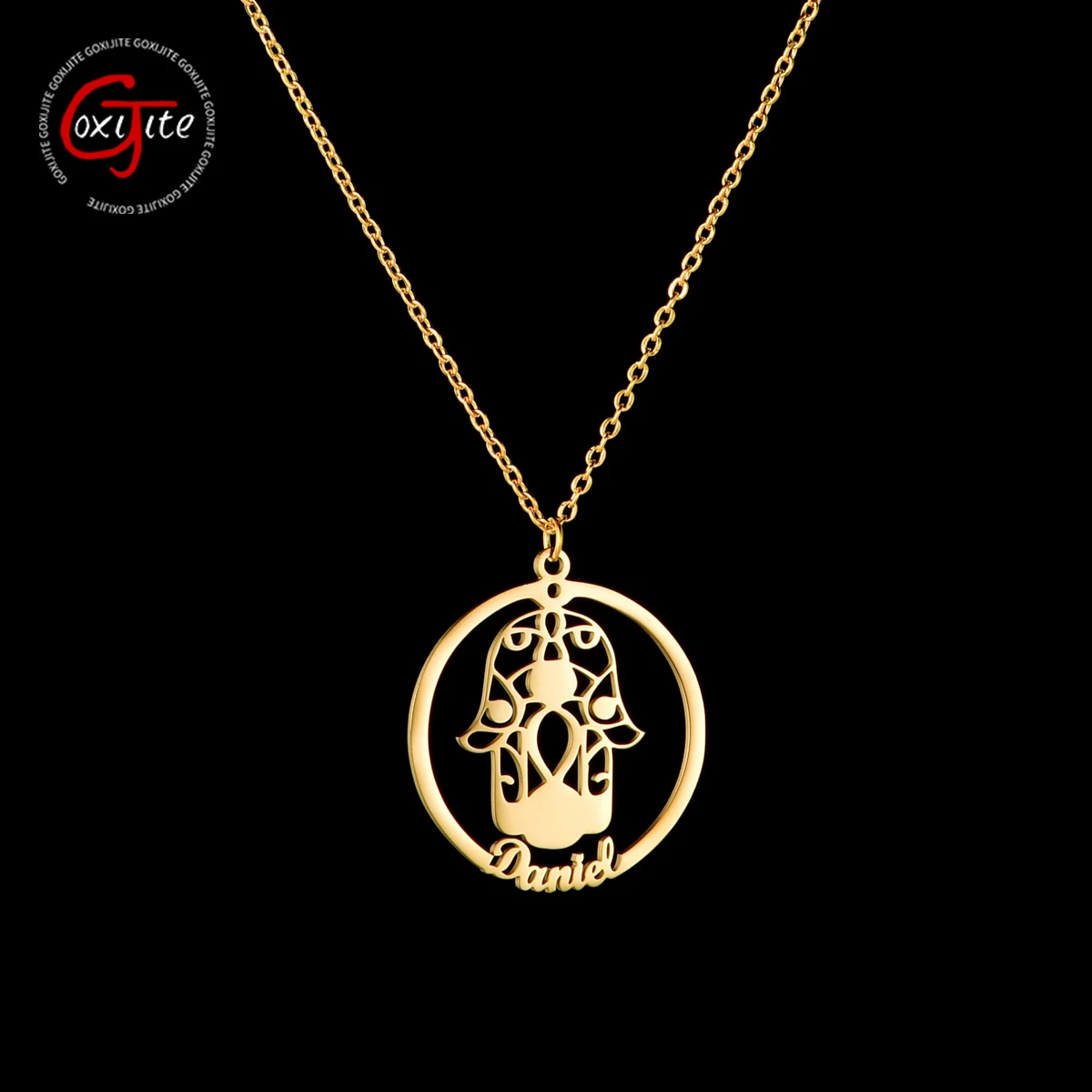 

Goxijite Custom Name Necklace With Fatima Hand For Women Men Personalized Stainless Steel Nameplate Necklace Blessing Gift
