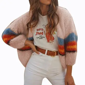 

Chic Lady Contrast Color Long Sleeve Loose Knitted Short Cardigan Sweater