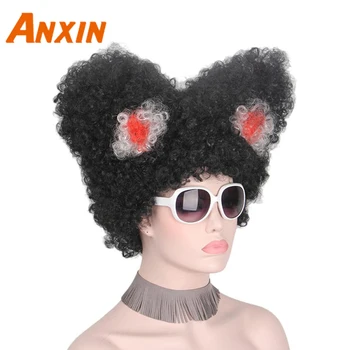 

Anxin Cosplay Clown Black Wigs with Two Horns for Women Colorful Afro Wig Curly Hair Halloween Costumes Curly Heat Resistant