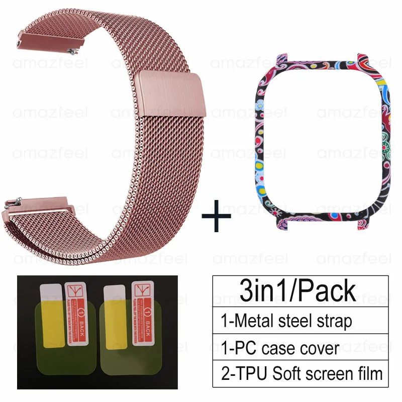 rose pink-Flower D 3в1 умные аксессуары для часов Ремешок для Amazfit GTS чехол металлический браслет для Huami Amazfit GTS Band Защитная пленка для экрана - Цвет: rose pink-Flower D
