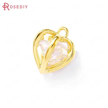 

(38666)4PCS 7x9MM 24K Gold Color Brass and Zircon Heart Shape Charms Pendants Jewelry Making Supplies Diy Findings Accessories